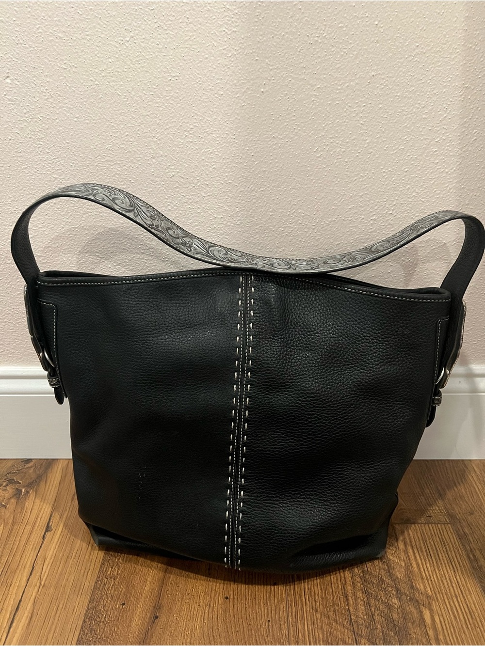 Brighton Black Leather Shoulder Bag with Decorative western buckles